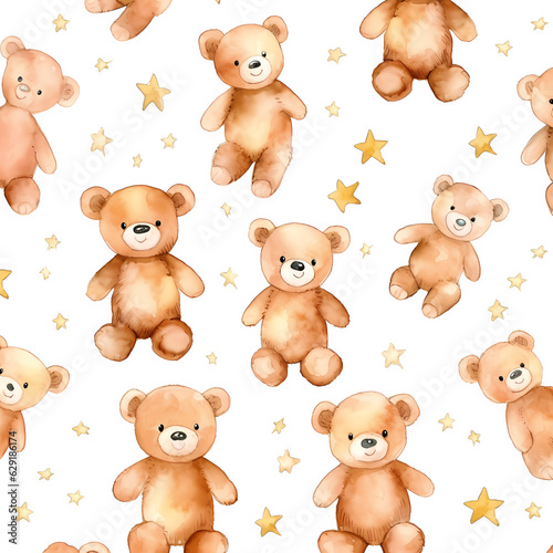 pattern samples repetitive cute owls, teddy bear, stars, moon,pink unicorn, balloons and soap bubbles,isolated generative ai