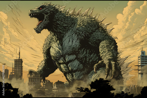Godzilla monster atop some city buildings, in style of photorealistic painting created with Generative AI technology