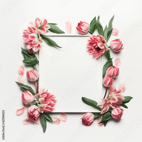 Beautiful floral square frame of pink flowers with green leaves at pure white background. AI Generated
