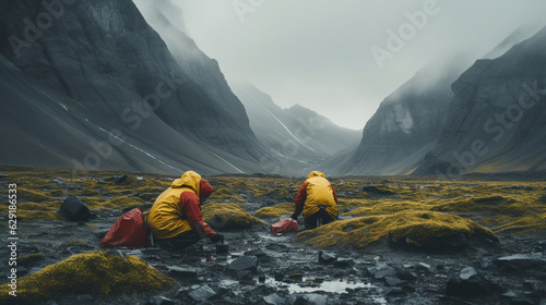 A striking image of researchers in the field, exploring untouched landscapes for the betterment of humanity 