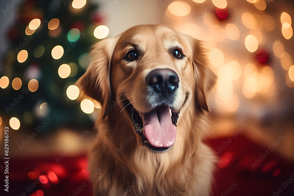 Cute golden retriever dog with christmas tree in the background