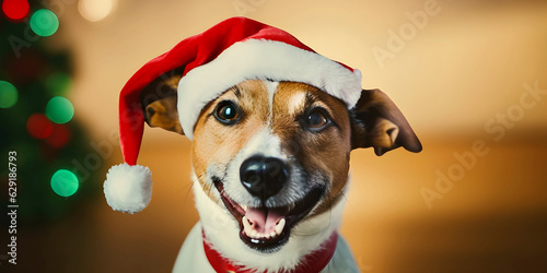 Portrait of cute dog wearing santa claus hat on christmas background © MiroArt