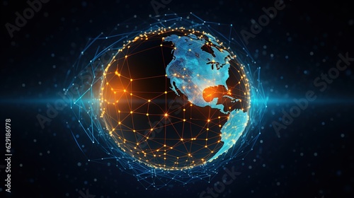 Connection lines around Earth globe, futuristic technology theme background with circles and lines. Concept of internet, generative ai