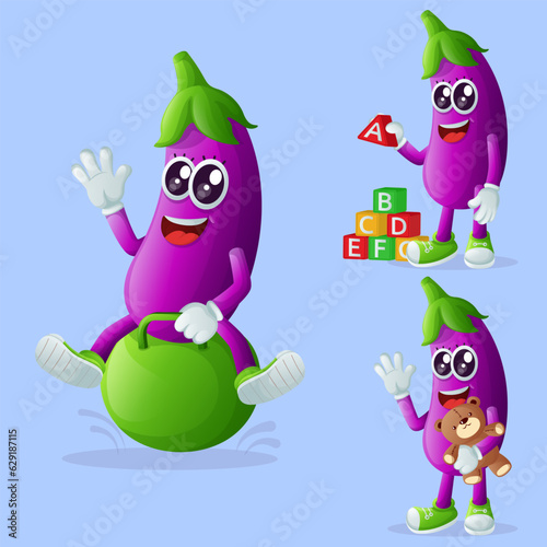 Cute eggplant characters playing with kid toys