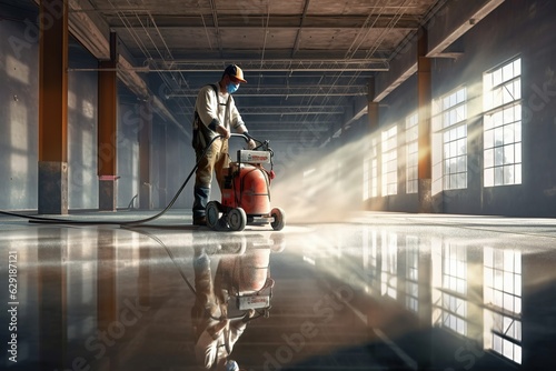 Closeup of janitor cleaning floor with polishing machine indoors. Scrubber machine for stone or parquet floor cleaning  photo