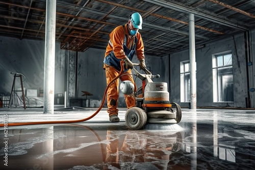 Closeup of janitor cleaning floor with polishing machine indoors. Scrubber machine for stone or parquet floor cleaning 