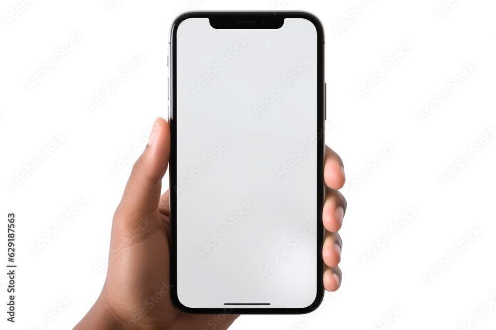 Man hand-holding black mobile with a white screen and background, Generated with AI. Man hand-holding black mobile with a white screen and background, Generated with AI.