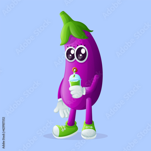 Cute eggplant character drinking a green smoothie with a straw