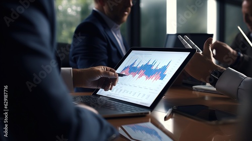 business people pointing at chart on tablet computer when working on financial strategy, generative ai