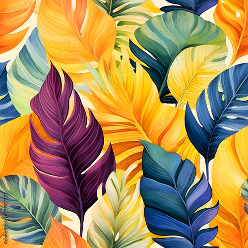 Seamless pattern of various leaf and leaves. Watercolor illustration nature background  yellow color tone