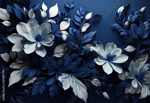 Dark blue with white awesome floral background with abstract leaves 3D  Generative Ai