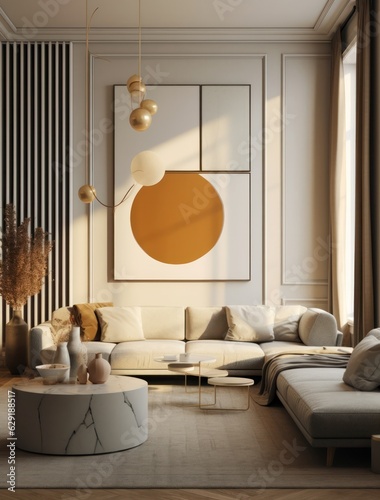 Modern interior of open space with design modular sofa, furniture, wooden coffee tables, plaid, pillows, tropical plants in stylish home decor. Neutral living room 3d render