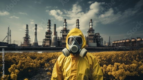 A person in a yellow hazmat suit and gas mask standing in front of a nuclear power plant, Generative AI