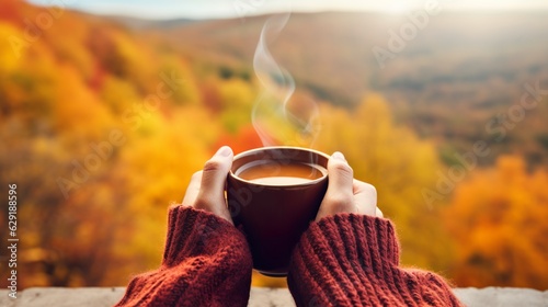 A person's hands holding a mug of steaming hot beverage