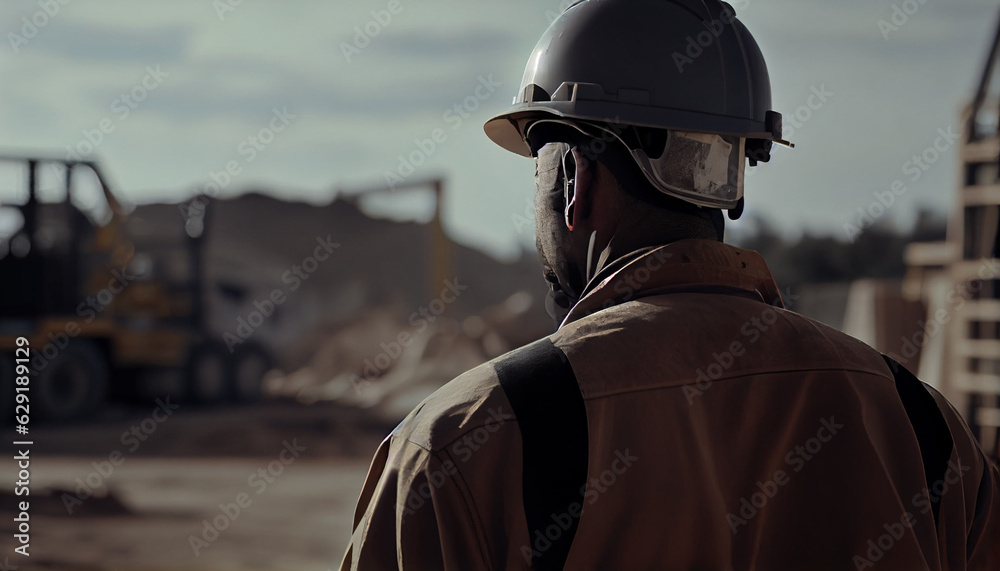  A working builder in a protective helmet stands against the background of a construction or industrial site, rear view. labor day, Ai generated image 