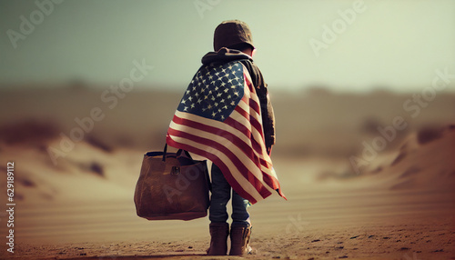 A poor child carrying a bag and hand holding USA flag, image representing child labor, Ai generated image 