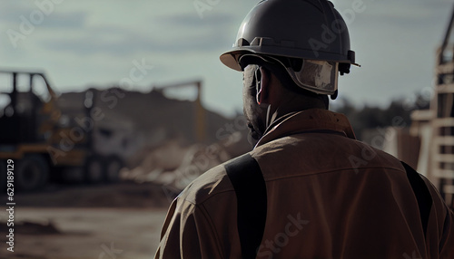  A working builder in a protective helmet stands against the background of a construction or industrial site, rear view. labor day, Ai generated image  © PixxStudio