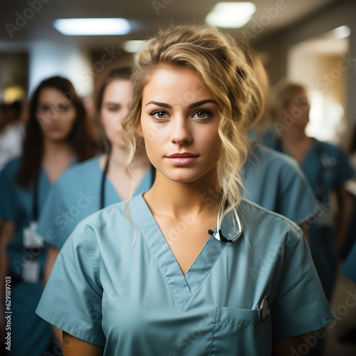 Nurse student intern standing with her team in hospital, dressed in scrubs, portrait doctor