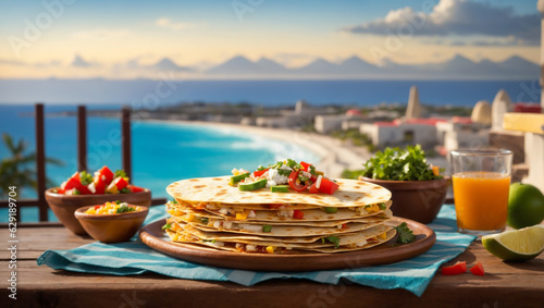 A visually stunning photograph of a Quesadilla placed on a table with view of a town, serene ocean, and majestic mountains in Cancun.