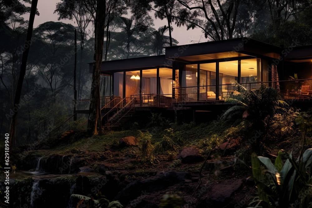 Remote house in the forest bathed in golden light at sunset. Remote house in the forest bathed in golden light at sunset.