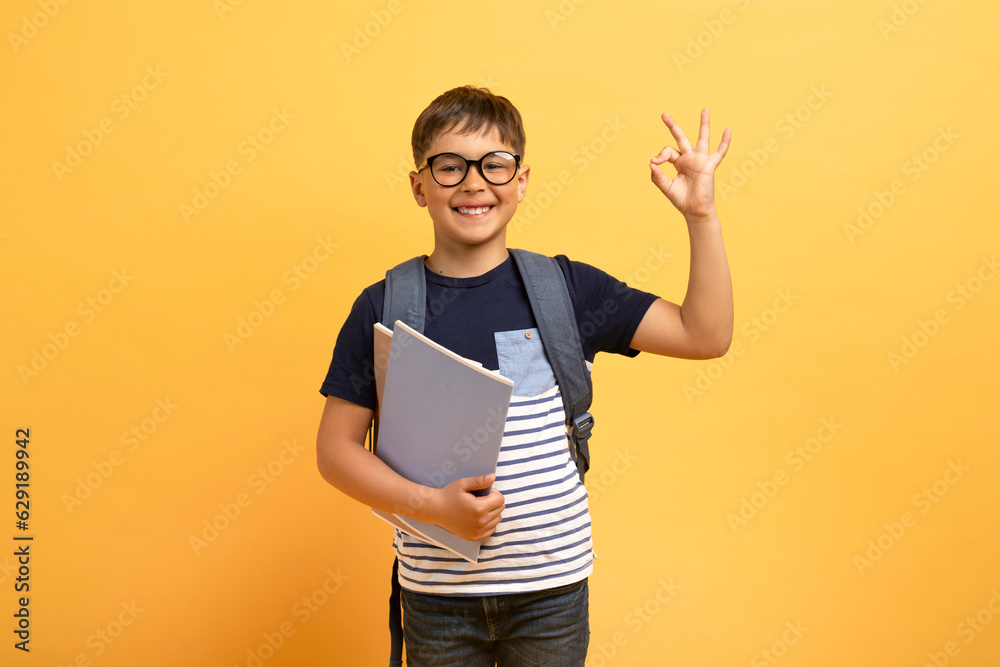 Happy boy schooler showing okay gesture, isolated on yellow Happy boy schooler showing okay gesture, isolated on yellow