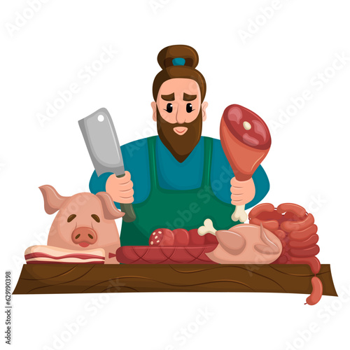Meat vendor sells his fresh meat products at local market. Natural, home-grown meat. Flat vector illustration.