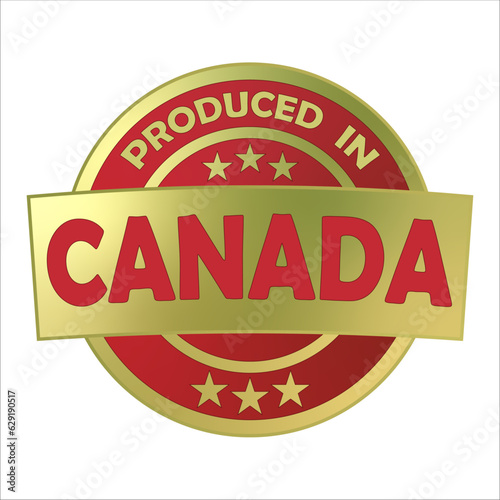 Vector round golden label with stars for product packaging  Produced in Canada   certified  premium quality  tag with place of production