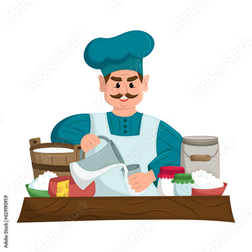 Jolly Milkman sells his fresh dairy products at the local market. Ecological, natural, rural products. Flat vector illustration.