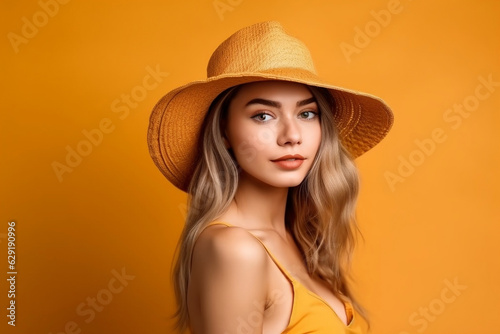 Happy sexy young woman dressed in swimwear wearing a summer hat. image for the summer sale. Isolated on yellow background. Generated AI 