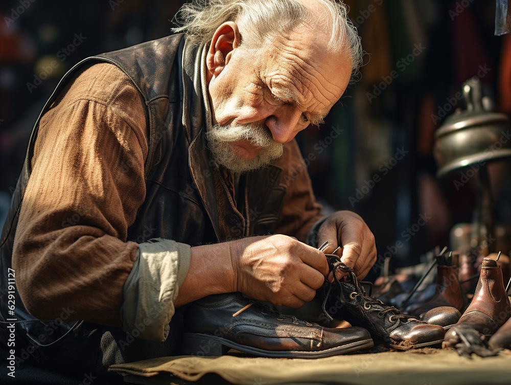 A captivating close-up shot focuses on the hands of a skilled cobbler mending shoes on a busy street corner.