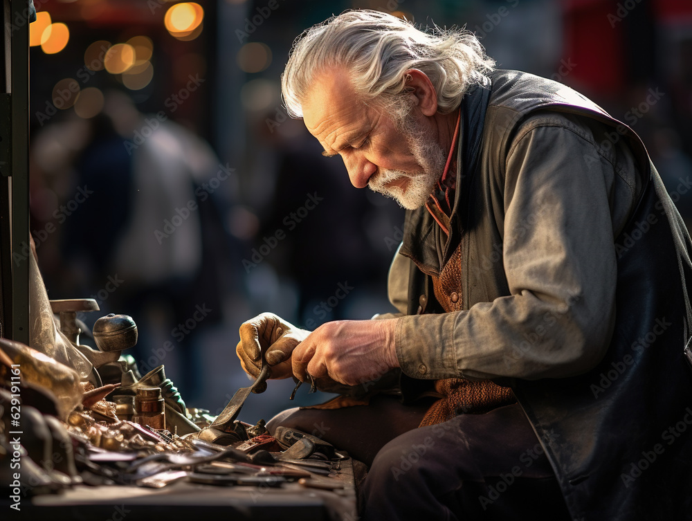 A captivating close-up shot focuses on the hands of a skilled cobbler mending shoes on a busy street corner.
