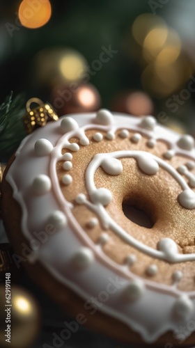 close-up of a Christmas gingerbread with white icing and decoration against the background of a blurred image of the New Year's illumination
