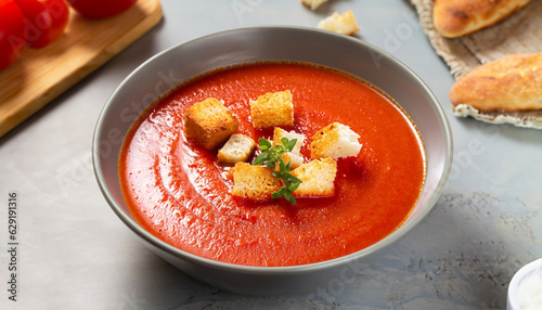 Foto Cold tomato soup gazpacho in a bowl with croutons