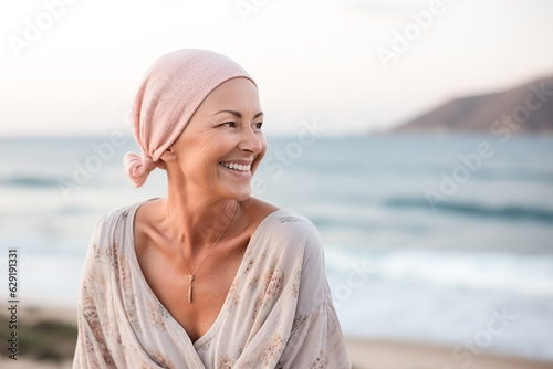 Happy mature caucasian bald confident woman in pink hat enjoying life after surviving breast cancer in sea ​​coast. Portrait of beautiful hairless girl smiling © Tamara