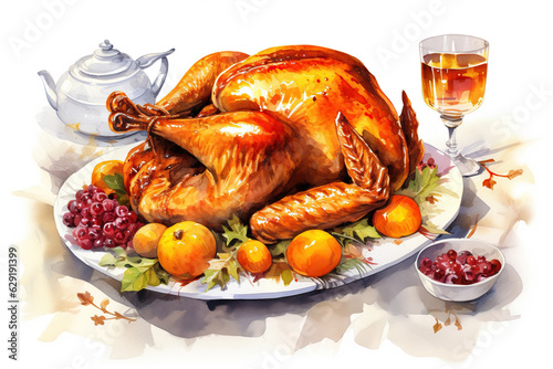 Traditional Christmas or thanksgiving roasted turkey, garnished with orange fruit slices and herbs, watercolor illustration, isolated on white background