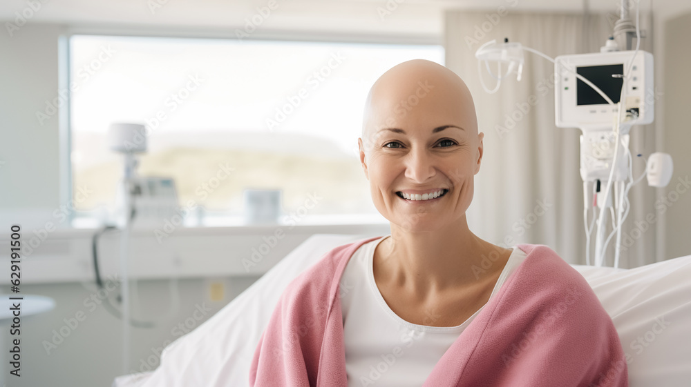 Woman cancer patient with a small smile lying in a hospital bed Woman cancer patient with a small smile lying in a hospital bed