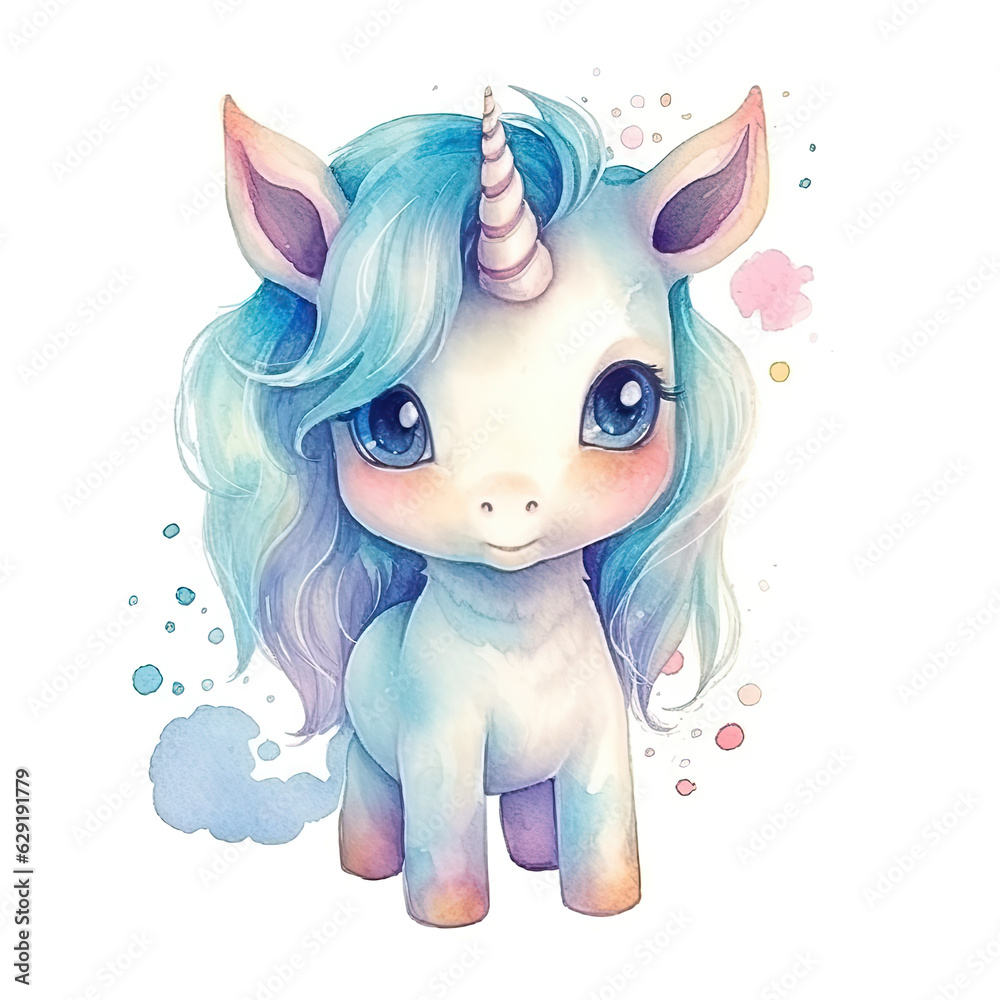 Cute watercolor pony unicorn. Children's illustration, single element, clipart, sublimation