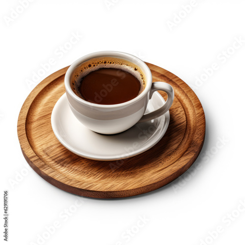 A cup of hot black coffee set on a wooden tray. Hot coffee in the morning.