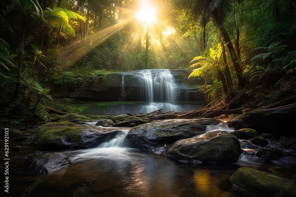 Beautiful landscape nature background. Forest with waterfall. Fall season in jungle mountain view