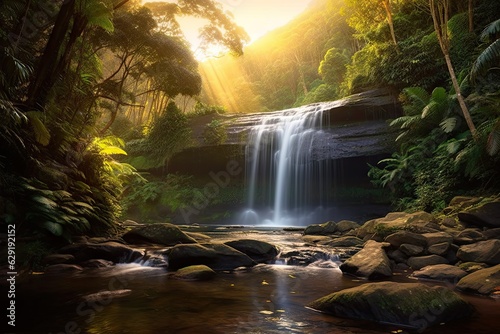 Beautiful landscape nature background. Forest with waterfall. Fall season in jungle mountain view