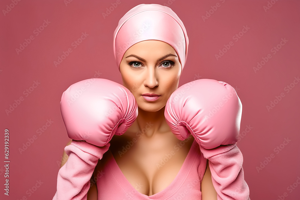 Female cancer patient with pink headscarf and boxing gloves in her hands as a sign of fight and strength. Concept of fighting and beating cancer. Female cancer patient with pink headscarf and boxing gloves in her hands as a sign of fight and strength. Concept of fighting and beating cancer.