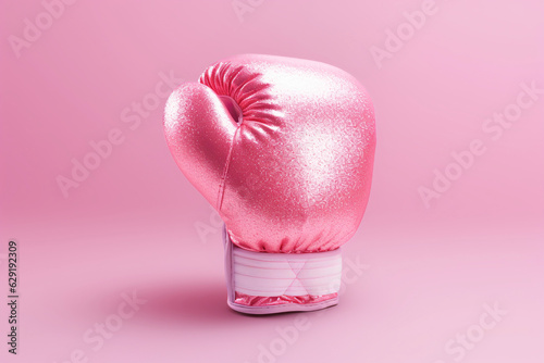 Breast cancer awareness concept with glittering pink boxing gloves for girl and woman fight with illness on pink background with copy space