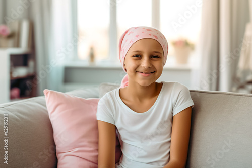 Portrait of young positive young cancer patient sitting in living room, smiling and looking at the camera.