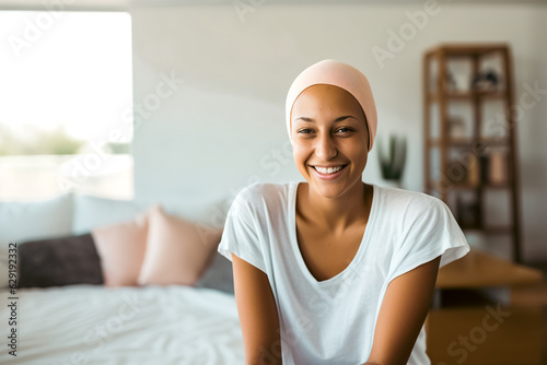 Portrait of young positive young cancer patient sitting in living room, smiling and looking at the camera. photo