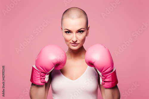 Woman after chemotherapy in pink boxing gloves on pastel pink background. Concept of fighting and beating cancer
