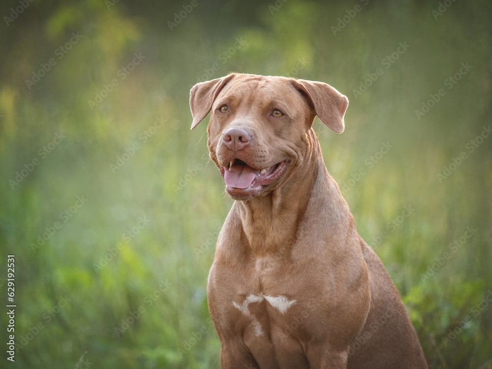 Cute dog walks in a meadow on green grass. Close-up, outdoor. Day light. Concept of care, education, obedience training and raising pets