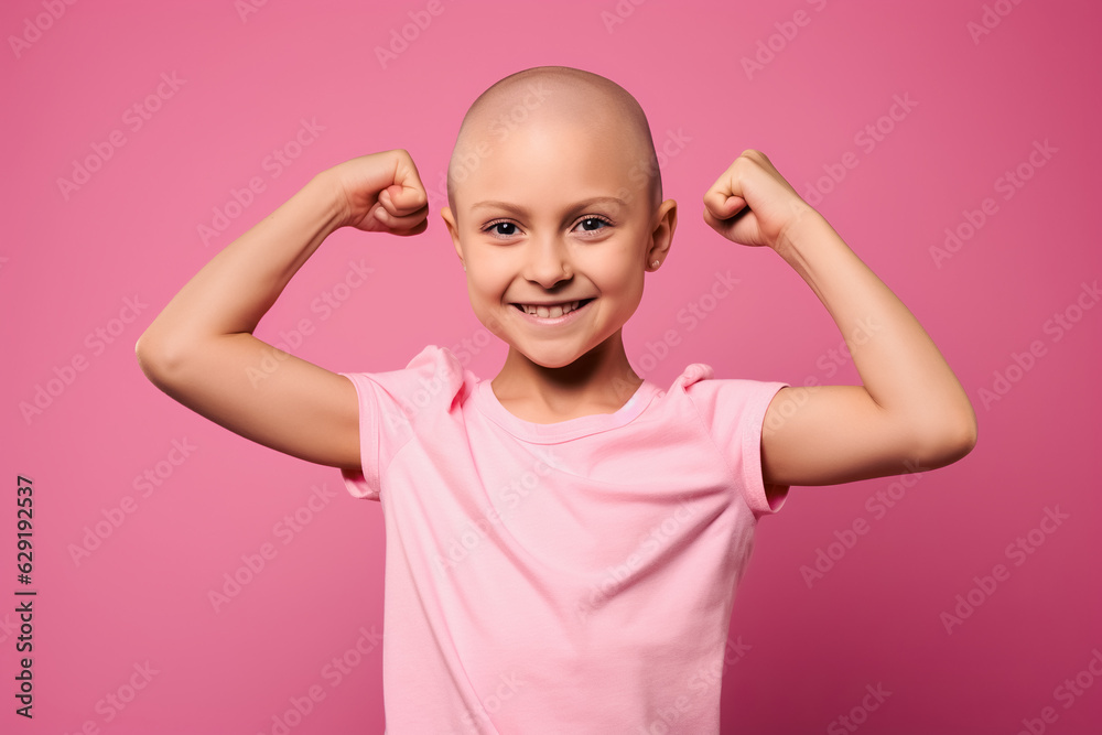 Bald girl after chemotherapy in pink boxing gloves on pastel pink background. Concept of fighting and beating cancer. Little cancer patient Bald girl after chemotherapy in pink boxing gloves on pastel pink background. Concept of fighting and beating cancer. Little cancer patient