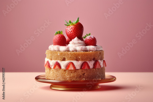 Vanilla sponge cake with fresh strawberries and whipped cream white cream isolated on pastel pink background with copy space. 3d render illustration style.