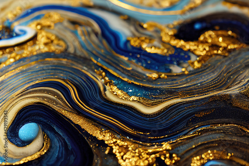 Blue and golden acrylic liquid ink swirl abstract background with ravishing turbulence wavy pattern and detailed texture. Luxury fluid liquid art by Generative AI.
