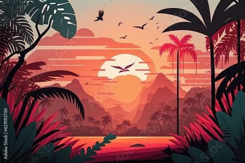 Tropical landscape at dawn in cartoon style. Jungle travel. Generative AI